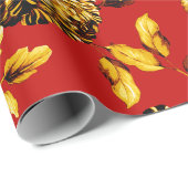 Gold Kerstrode  Grote Floral Toile Cadeaupapier (Rol Hoek)