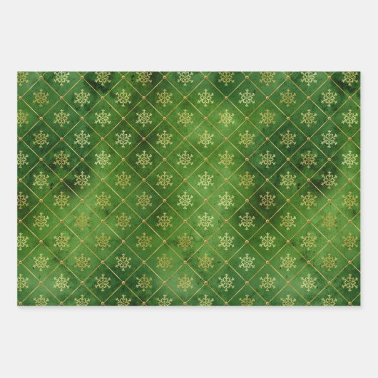 Gold kerstsnowflakes op rood en groen inpakpapier vel (Voorkant 3)