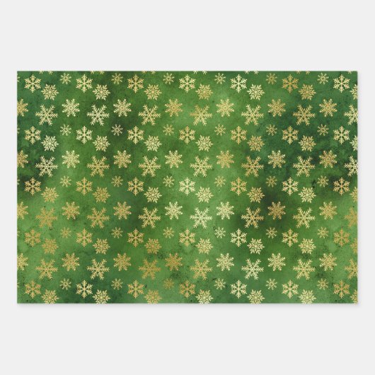 Gold kerstsnowflakes op rood en groen inpakpapier vel (Voorkant)