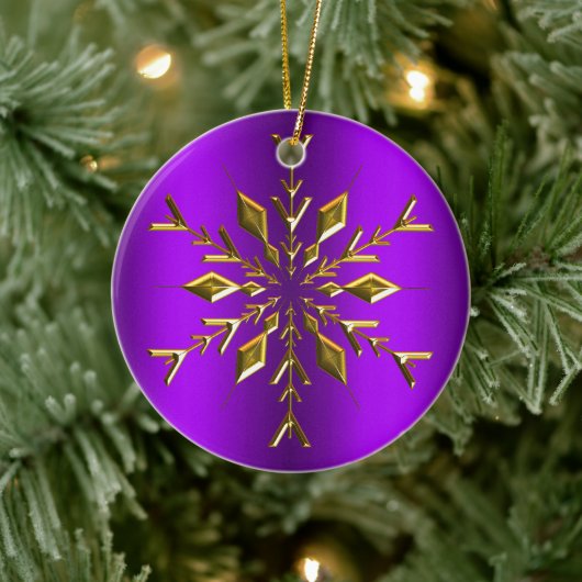 Gold Kerstster Snowflake Paarse kerstmis Keramisch Ornament (Boom)