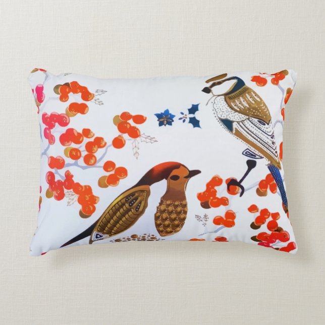 Gold Kerstwinter Vogels Holly Berries Branches Accent Kussen (Voorkant)
