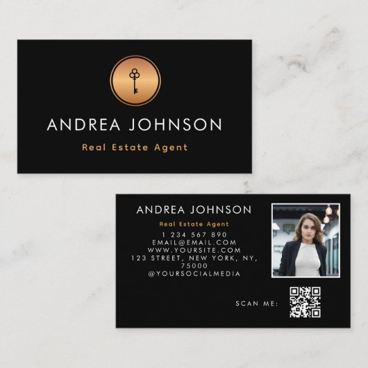 Gold Key Logo Real Estate Agent Foto Qr Code Visitekaartje (Voorkant / Achterkant)
