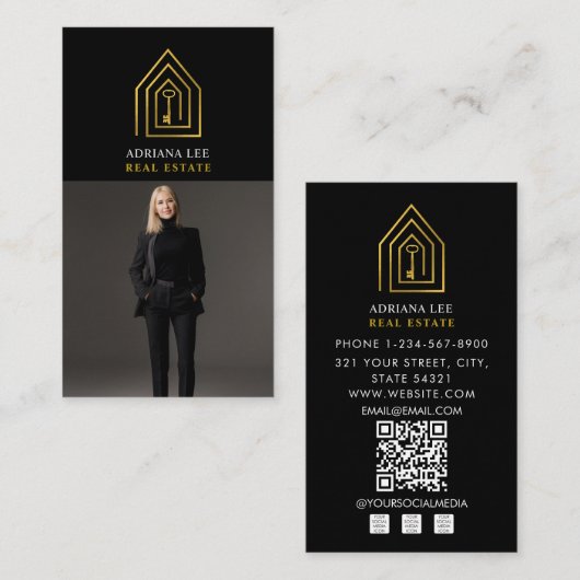 Gold Key Photo Real Estate Agent QR Code Black Visitekaartje (Voorkant / Achterkant)