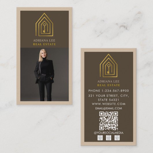 Gold Key Photo Real Estate Agent QR Code Brown Visitekaartje (Voorkant / Achterkant)