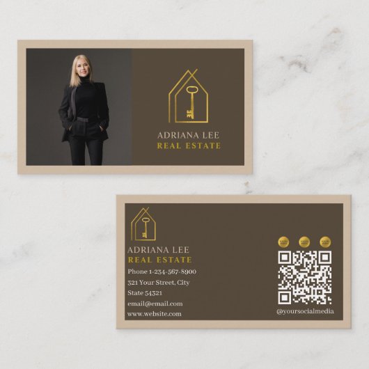 Gold Key Photo Real Estate Agent QR Code Brown Visitekaartje (Voorkant / Achterkant)