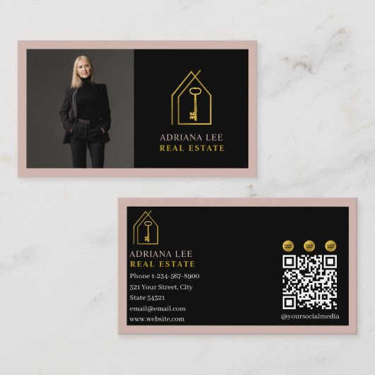Gold Key Photo Real Estate Agent QR Code Pink Visitekaartje (Voorkant / Achterkant)
