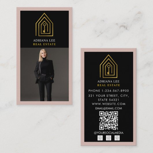 Gold Key Photo Real Estate Agent QR Code Pink Visitekaartje (Voorkant / Achterkant)