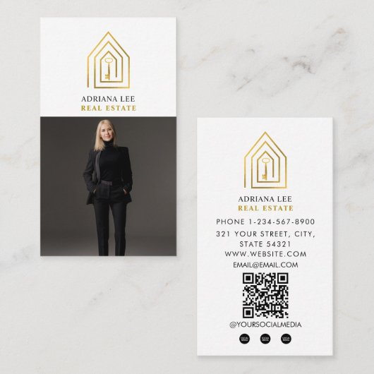 Gold Key Photo Real Estate Agent QR Code White Visitekaartje (Voorkant / Achterkant)