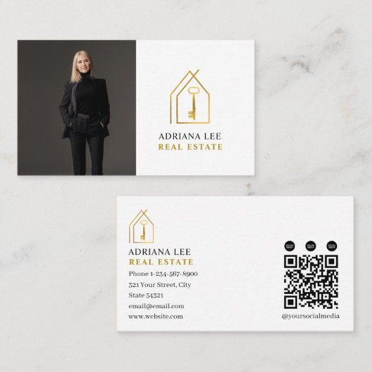 Gold Key Photo Real Estate Agent QR Code White Visitekaartje (Voorkant / Achterkant)