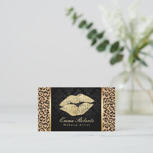 Gold Kiss Leopard Print Damask Makeup Artist Visitekaartje (Staand voorkant)