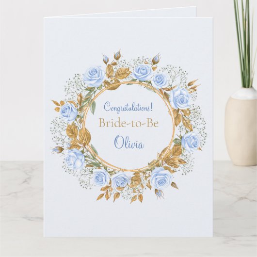 Gold-Kissed Blue Roos Bridal Kaart (Voorkant)