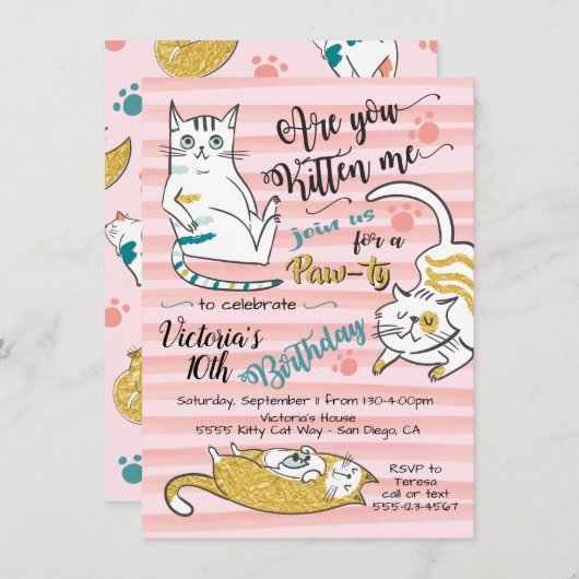 Gold Kitty Cat Birthday-uitnodiging Kaart (Voorkant / Achterkant)