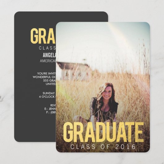 GOLD-KLASSE VAN 2016 AFSTUDEREN FOTO INVITE KAART (Voorkant / Achterkant)