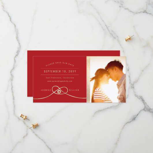 Gold Knot Double Happiness Chinese Weddenfoto Save The Date (Voorkant / Achterkant in situ)