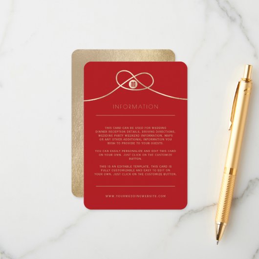 Gold Knot Union Double Happiness Chinese Wedding Informatiekaartje (Voorkant / Achterkant in situ)