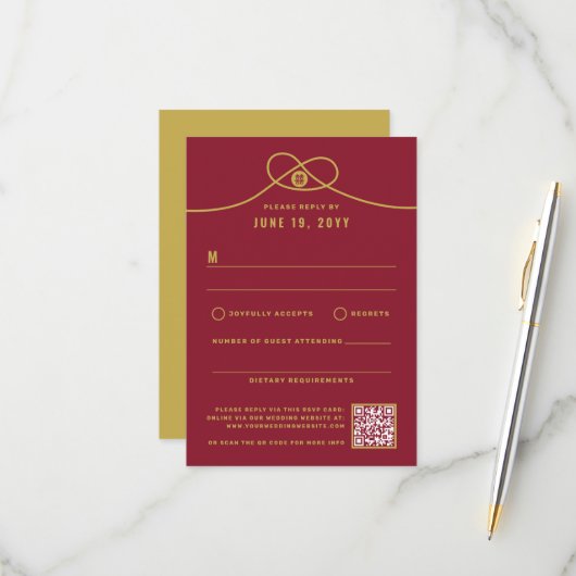 Gold Knot Union Double Happiness Chinese Wedding RSVP Kaartje (Voorkant / Achterkant in situ)