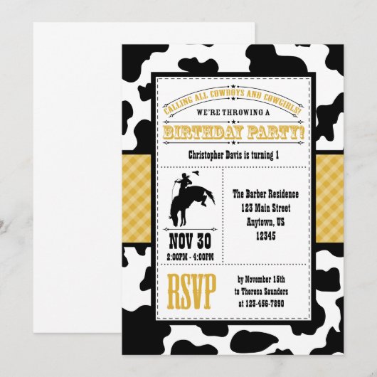 Gold Koeienhuid Cowboy Birthday Uitnodiging (Voorkant / Achterkant)