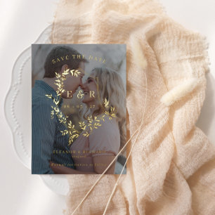 Gold laat Crest Monogram Foto opslaan Foi Folie Uitnodiging
