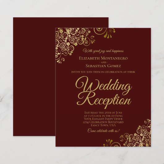 Gold Lace Auburn Wedding Reception BUDGET Invite (Voorkant / Achterkant)