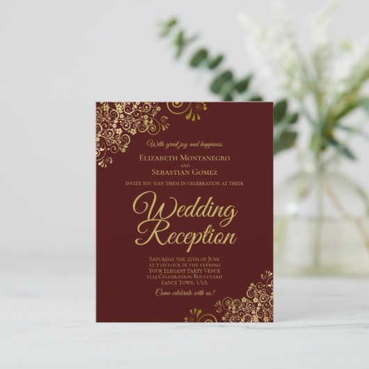 Gold Lace Auburn Wedding Reception BUDGET Invite (Staand voorkant)