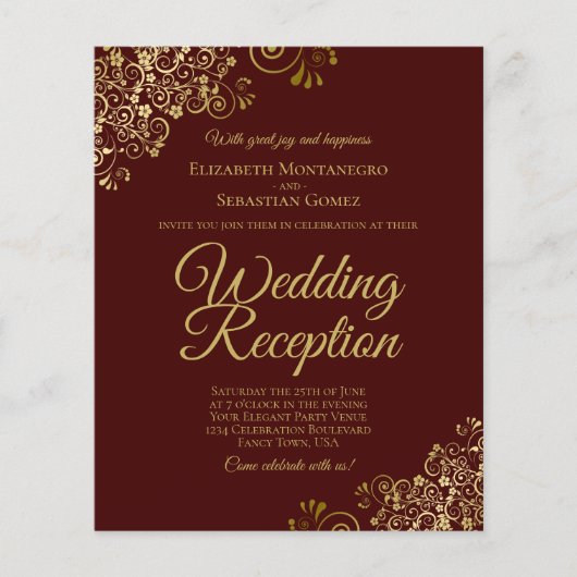 Gold Lace Auburn Wedding Reception BUDGET Invite (Voorkant)