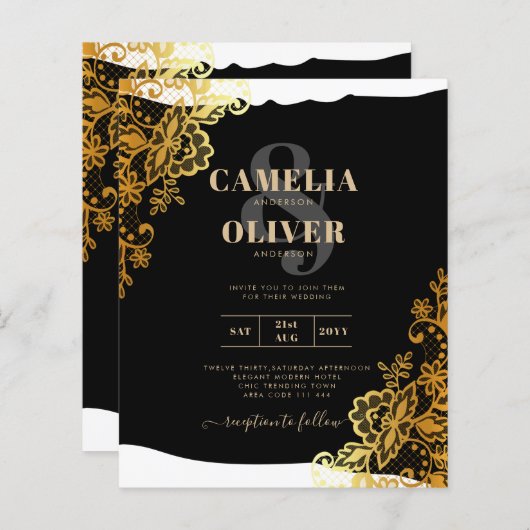 GOLD LACE Black All-in-1 Wedding INVITE QR Code (Voorkant / Achterkant)