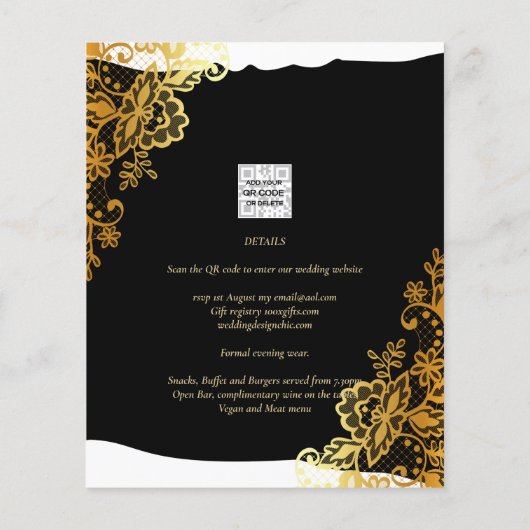GOLD LACE Black All-in-1 Wedding INVITE QR Code (Achterkant)
