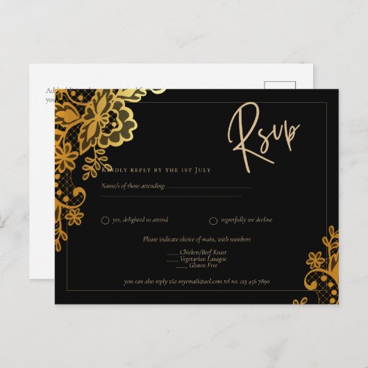 GOLD LACE Black All-in-1 Wedding INVITE QR Code Briefkaart (Voorkant / Achterkant)