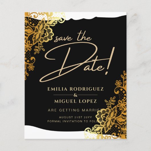 GOLD LACE Black All-in-1 Wedding Save the Date Flyer (Voorkant)