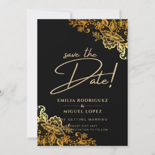 GOLD LACE Black All-in-1 Wedding Save the Date Kaart