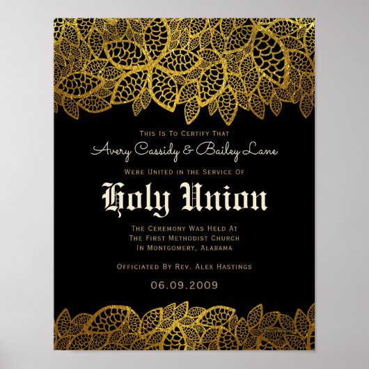 Gold Lace Black Alternative Wedding Certificate Poster (Voorkant)