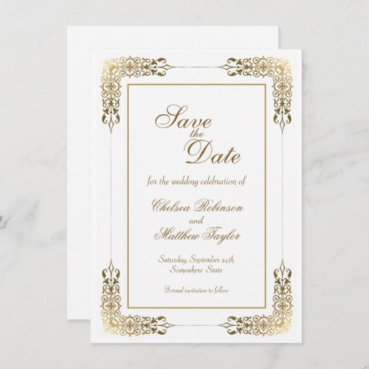 Gold Lace Border Wedding Sla de datum op Save The Date (Voorkant / Achterkant)