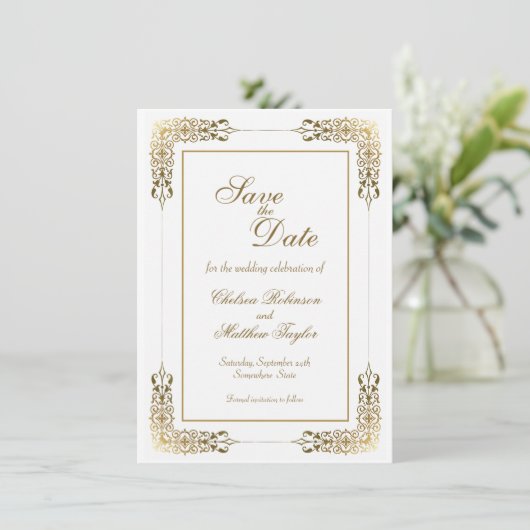 Gold Lace Border Wedding Sla de datum op Save The Date (Staand voorkant)
