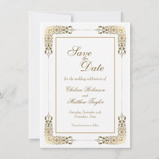 Gold Lace Border Wedding Sla de datum op Save The Date (Voorkant)