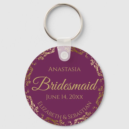 Gold Lace Bridesmaid Wedding Gift Cassis Paars Sleutelhanger (Voorkant)