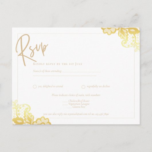 GOLD LACE Budget All-in-1 Wedding IINVITE RSVP Briefkaart (Voorkant)