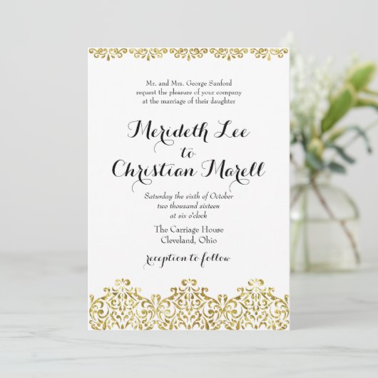 Gold Lace Calligraphy Wedding Invitation Kaart (Staand voorkant)