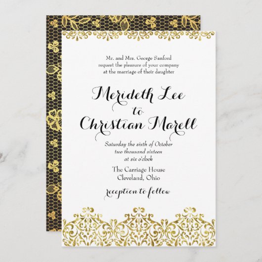 Gold Lace Calligraphy Wedding Invitation Kaart (Voorkant / Achterkant)