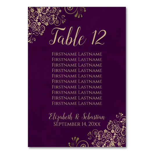 Gold Lace Chic Plum Paars Wedding Seding Chart Kaart (Voorkant)