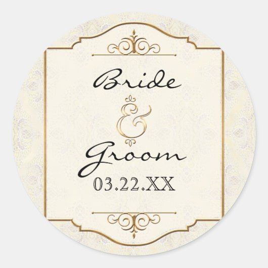 Gold & Lace Classic Elegant Wedding Invite Ronde Sticker (Voorkant)