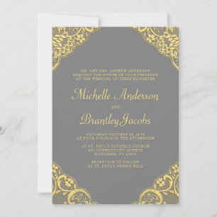 Gold Lace Corners Elegant Wedding Invitation Grey Kaart