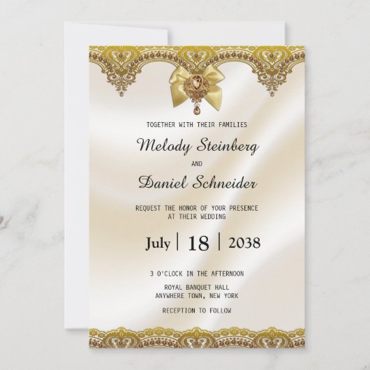 Gold Lace Cream Satin Pearls Jewels Wedding Kaart (Voorkant)