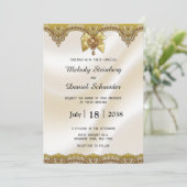 Gold Lace Cream Satin Pearls Jewels Wedding Kaart (Staand voorkant)