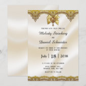 Gold Lace Cream Satin Pearls Jewels Wedding Kaart (Voorkant / Achterkant)