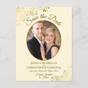 Gold Lace & Cream Wedding Save the Date Oval Photo Aankondigingskaart