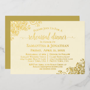 Gold Lace Elegant Cream Wedding Rehearsal Dinner Folie Uitnodiging