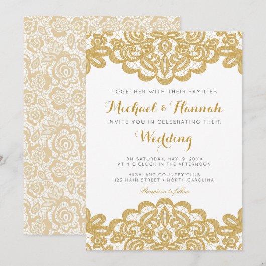 Gold Lace Elegant Wedding Invitation Kaart (Voorkant / Achterkant)