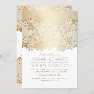 Gold Lace Elegant White Wedding Kaart