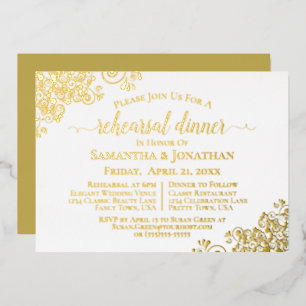 Gold Lace Elegant White Wedding Rehearsal Dinner Folie Uitnodiging