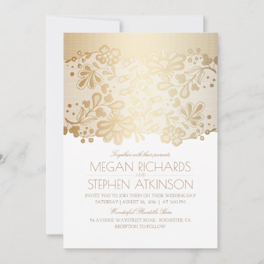 Gold Lace Elegant  Wit Huwelijk Kaart (Voorkant)